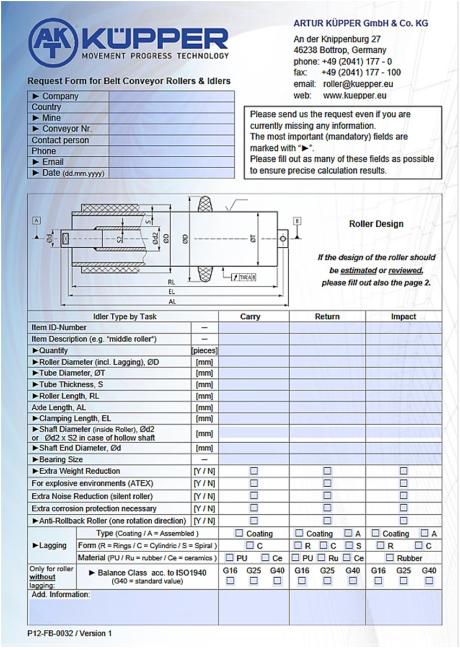 Daten- und Faktenanalyse - Data and fact analysis; Anfrageformular für Tragrollen - Request Form for Belt Conveyor Rollers and Idlers